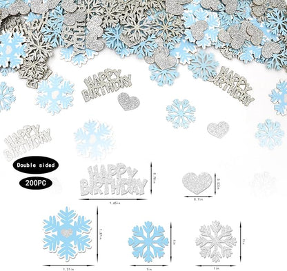 Blue Silver Snowflake Happy Birthday Confetti for Table – 200PC Glitter Heart Snowflakes Table Scatter for Winter Wonderland Birthday Decorations