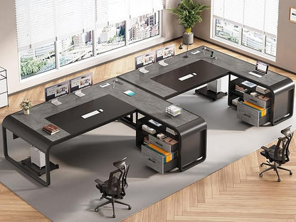 SEDETA 61 Inch Executive Desk, Large Office Desk with File Drawer, L Shaped Desk with Drawers, Computer Desk with Mobile CPU Stand, Storage Shelves, Power Outlets for Home Office, Gray