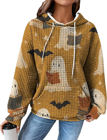 Halloween Sweatshirts for Women Novelty Graphic Drawstring Waffle Hoodies Loose Casual Pullover Tops with Pocket