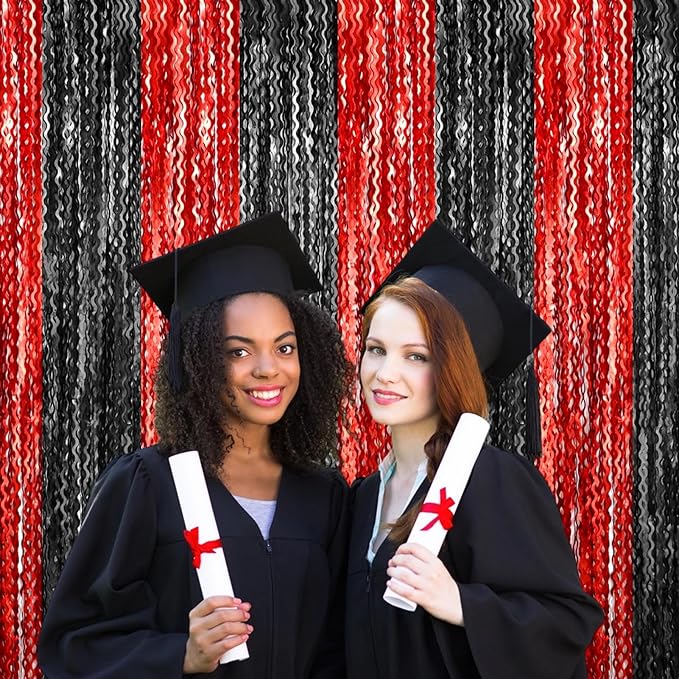 4 Pack Black Red Fringe Curtain Backdrop 3.2Ft x 8.2Ft Metallic Tinsel Foil Fringe Streamers Background for Photo Booth Mother's Day, Easter, Carnival, Birthday, Wedding Party Decoration