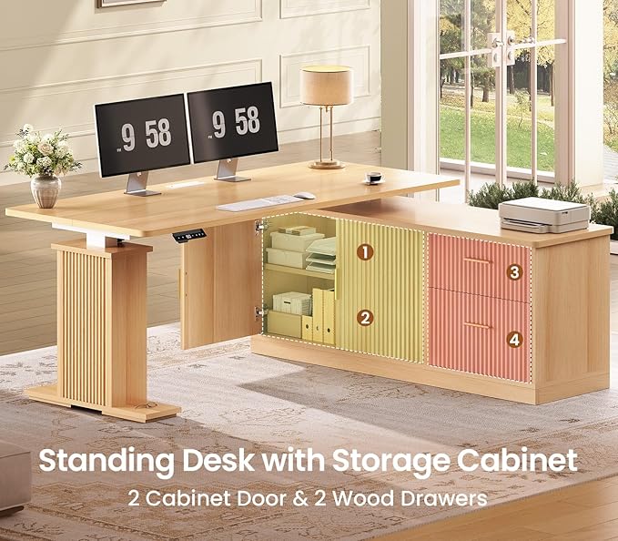 SEDETA L Shaped Electric Standing Desk, 55 inch Height Adjustable Office Executive Desk with Storage Drawers, Fluted Sit Stand Corner Computer Desk with Power Outlets for Home Office, Oak