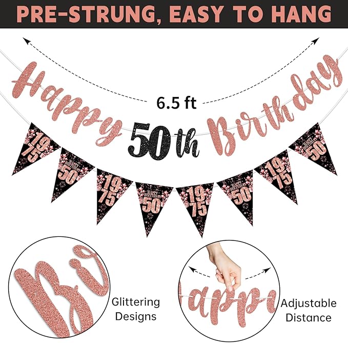 50th Birthday Decorations for Women, Black Rose Gold Happy 50th Birthday Banner Hanging Swirls Vintage 1975 Decorations Kit Cheers to 50 Party Supplies