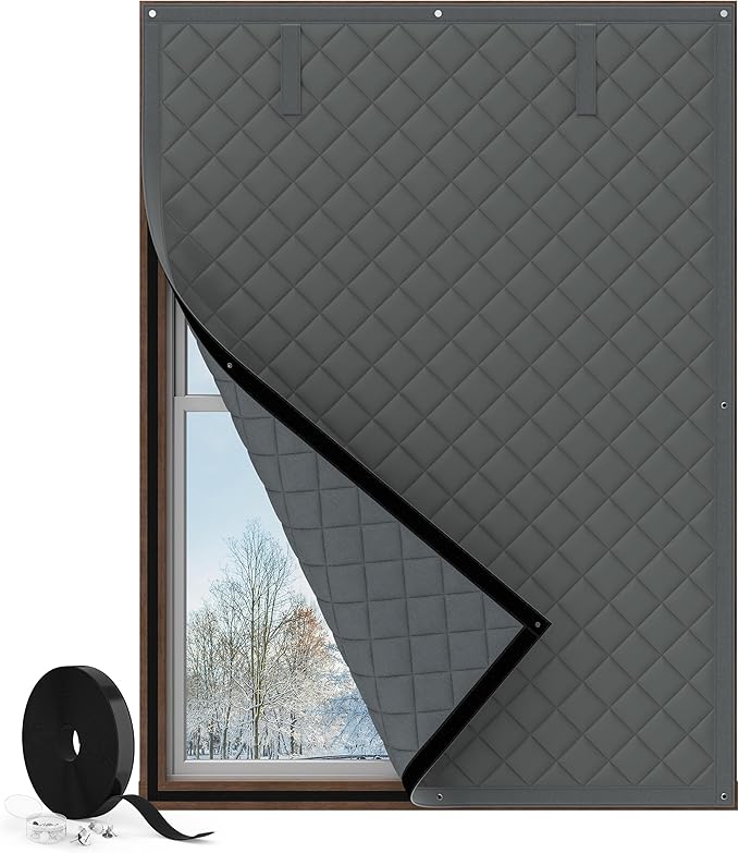 Window Insulation for Winter, Curtain Size 38 x 62 Inch, Thermal Insulated Window Cover with Oxford Cloth Thicken Cotton Filled, Fits up to 3 x 5 Ft Windows, Grey