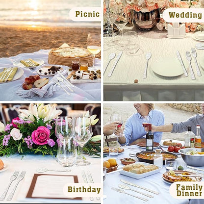 150 Pack Clear Plastic Silverware - Disposable Cutlery with Colorful Design, Includes 50 Forks, 50 Knives, 50 Spoons for Birthday, Wedding, Baby Shower