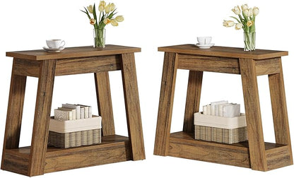 Tribesigns Wood End Table, Small Side Table with 2 Storage Shelves, Rustic Accent Narrow Nightstand for Living Room, Bedroom (2, Rustic Brown)