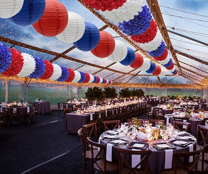 KAXIXI Hanging Party Decorations Set, 15pcs Navy Blue White Red Paper Flowers Pom Poms Balls and Paper Lanterns for 4th of July Decorations Patriotic Decoration Wedding Birthday Baby Shower