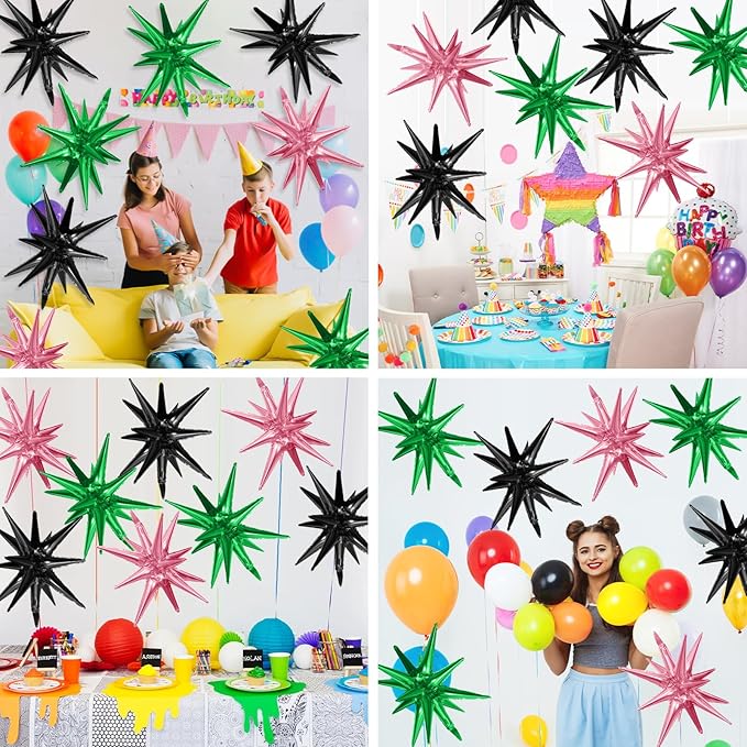 Pink Green Black Star Balloons,9Pcs 22Inch Pink Green Explosion Spike Cone Helium Star Foil Balloons for Witch Birthday Anniversary Disco Party Decorations