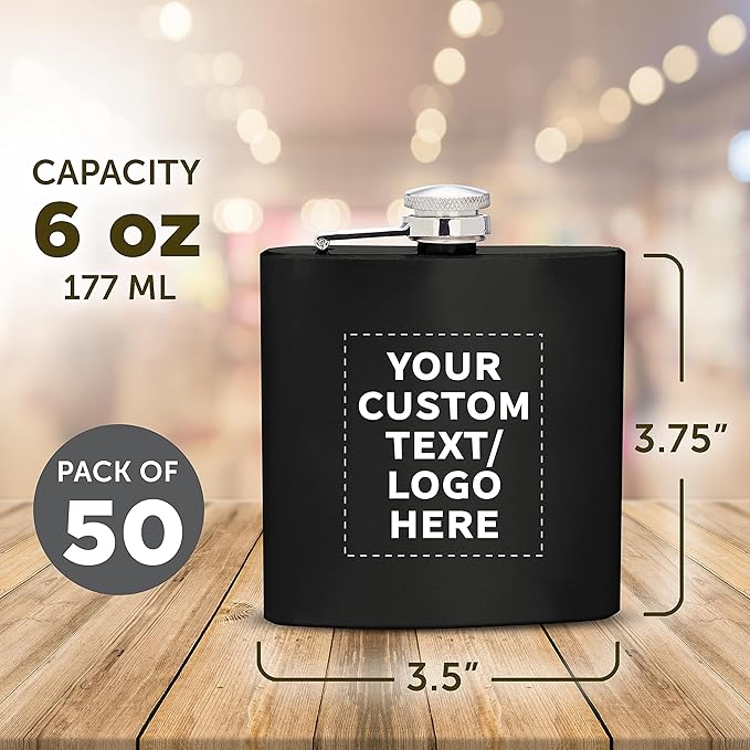 Custom Murano Stainless Steel Hip Flasks 6 oz. Set of 50, Personalized Bulk Pack - Screw on Cap, Great for Wedding Party Gifts, Groomsmen Gifts, Outdoor Activities - Black