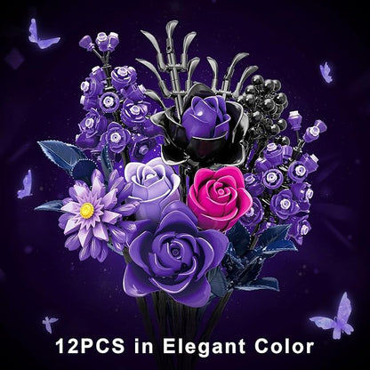 Purple Roses Bouquet Building Blocks Set, Botanical Collection Artificial Flowers Compatible with Lego Flowers, Christmas Decor Gift for Adults Teens Women, Gothic Home Decor Bouquet