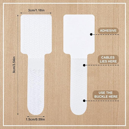 100 Pcs Hook and Loop Cable Ties, Self Adhesive Cable Management Desktop Cable Straps, Adjustable Cord Organizer for Desk Home Office Organization (White)
