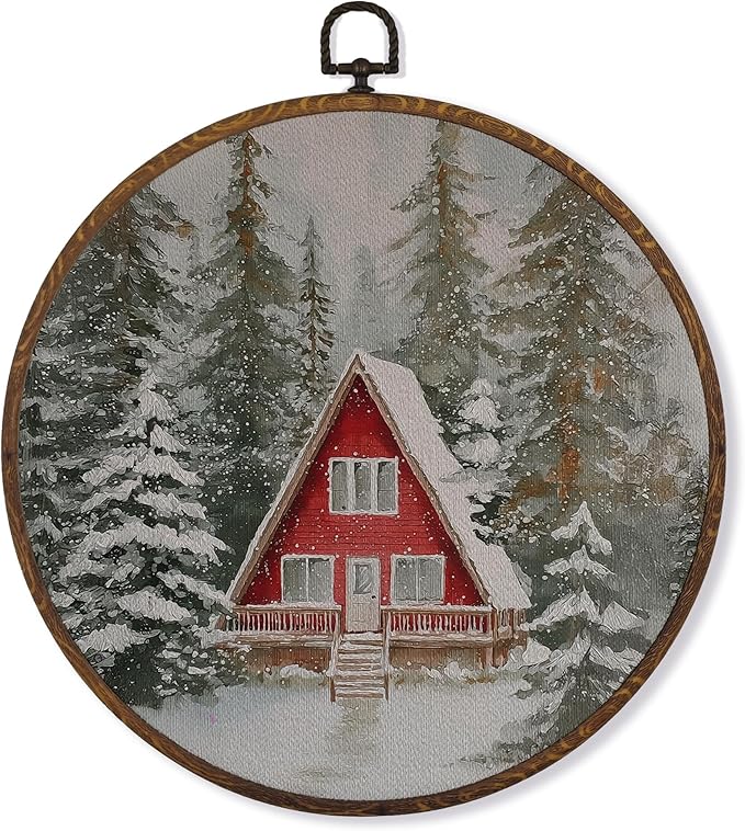 MOTERMATE Winter Farmhouse Wall Art Decor Round Framed, Rustic Winter Canvas Wall Art Artwork Prints, Christmas Snowy Pine Tree Farmhouse Hanging Decor Decorations for Home Living Room, 10x10 Inch