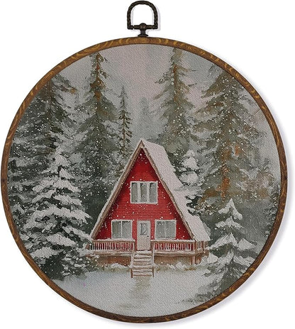 MOTERMATE Winter Farmhouse Wall Art Decor Round Framed, Rustic Winter Canvas Wall Art Artwork Prints, Christmas Snowy Pine Tree Farmhouse Hanging Decor Decorations for Home Living Room, 10x10 Inch