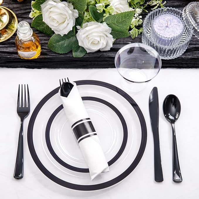 Liacere 350PCS - Clear Plates with Black Rim for 50Guests Dinnerware Include 100 Clear Plates disposable 150 Black Silverware 50 Napkins for Party&New Year