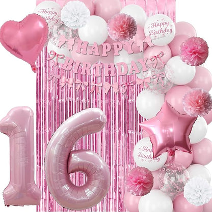 16th Birthday Decorations for Girls Pink Number 16 Balloon Bow Coquette Happy Birthday Banner Fringe Curtain Paper Pom Poms Star Heart Foil Pink White Balloons 16 Year Old Party Decor for Her
