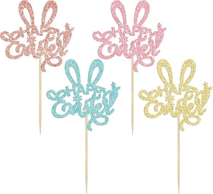 Ephlyn 24Pcs Happy Cupcake Toppers Glitter Rabbit Ear Cupcake Picks Decorations for Easter Day Theme Baby Shower Kids Birthday Party Supplies Multi