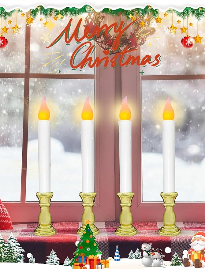 10 Pcs Battery Operated LED Window Candles with Timer, 10'' Flameless Flickering Christmas Window Candles with Suction Cups, Gold Base Taper Candlesticks Lights for Christmas Window Table Decorations