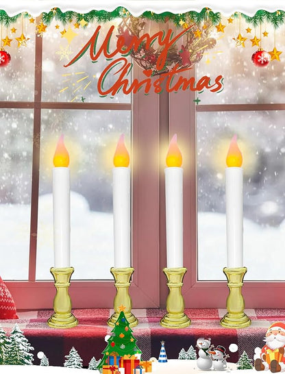 10 Pcs Battery Operated LED Window Candles with Timer, 10'' Flameless Flickering Christmas Window Candles with Suction Cups, Gold Base Taper Candlesticks Lights for Christmas Window Table Decorations