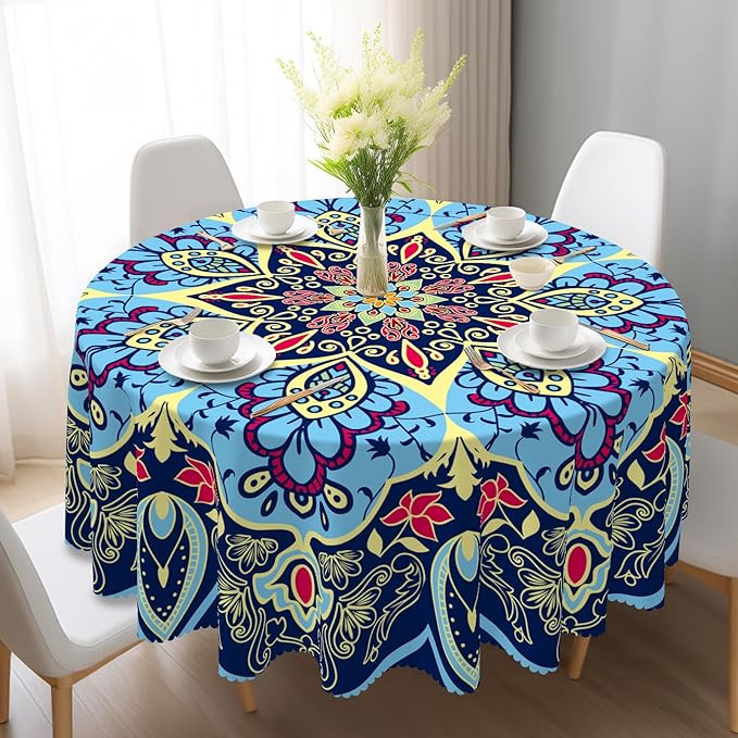 Eikione Round Tablecloth, Boho Tablecloth Waterproof and Wrinkle-Free, Boho Table Covers, Summer Decorations for Home 70inch