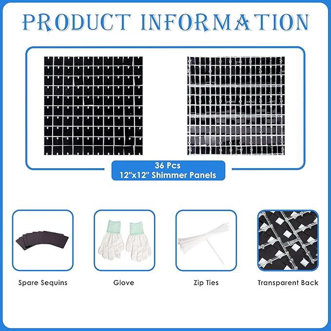 Shimmer Wall Backdrop Black Square Sequin Wall Panel Backdrop Decor for Wedding, Anniversary, Birthday, Party, 36 Panels