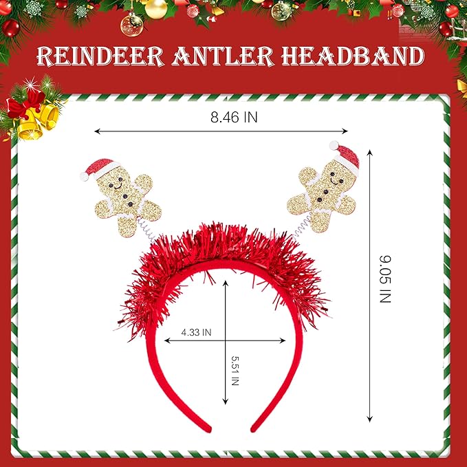 Beleki Gingerbread Headbands with Christmas Hat - Glitter Headband Hair Hoop Headwear Funny Christmas Hair Accessories for Aldut Teens Kids Gift Xmas Holiday Party Festival Events Cotume Decor