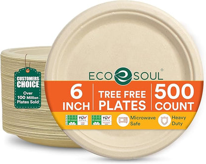 ECO SOUL Compostable Paper Plates 6 Inch (500 Count) Plates for Thanksgiving Dessert, Heavy Duty, Eco-Friendly Sugarcane Bagasse Small Plates For Appetizer- Natural Brown