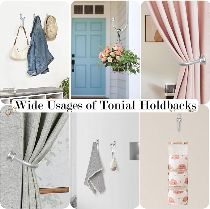 TONIAL Curtain Holdbacks 2 Pack, Decorative Window Drapery Tiebacks for Wall with Small Finials (1 Pair/2 Pack), Silver
