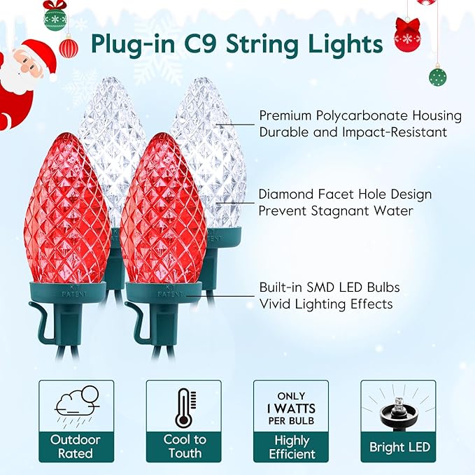 Brightown C9 LED Christmas Lights Outdoor, 66 ft 100 LED Strawberry String Lights, Waterproof Commercial Grade Extendable for Outside Roofline Patio Home Xmas Decoration, Red and White