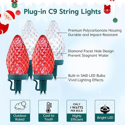 Brightown C9 LED Christmas Lights Outdoor, 66 ft 100 LED Strawberry String Lights, Waterproof Commercial Grade Extendable for Outside Roofline Patio Home Xmas Decoration, Red and White