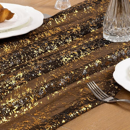 Black Gold Table Runner Sheer Gauze Cheesecloth Runner 120 Inch Glitter Wedding Anniversary Party Decor for Dining Table Home Celebration