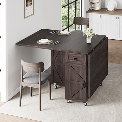 Space Saving Folding Dining Table for 2-4, Farmhouse Foldable Dining Table with Drawer and Storage Shelf, 6 Wheels Drop Leaf Kitchen Dining Room Table for Small Space (Walnut, 47.2" x 23.6" x 29.9")