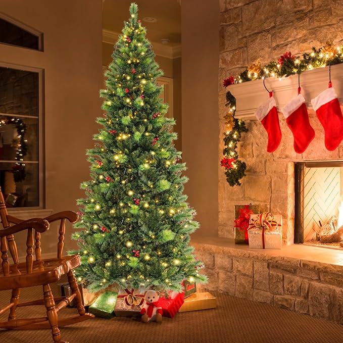 GOFLAME 8FT Pre-Lit Christmas Tree, Hinged Artificial Xmas Tree with Pine Needles, 1272 Branch Tips, 43 Clusters of Red Berries, 500 LED Lights, 9 Lighting Modes, 4 Brightness, Remote Control & Timer