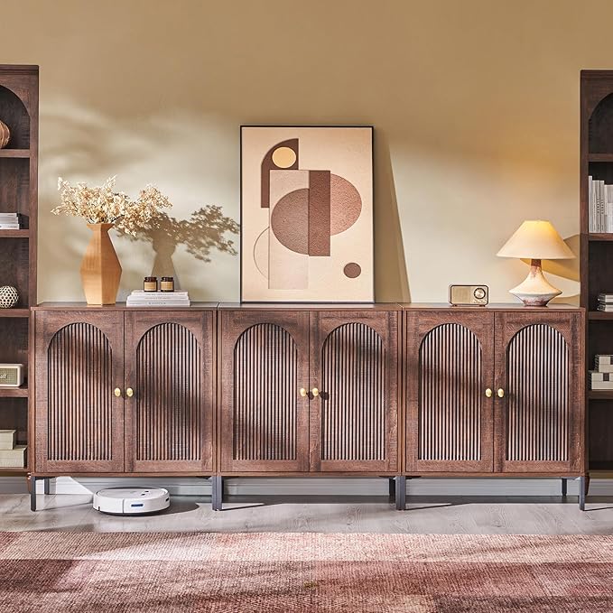 Modern Buffet Cabinet with Storage, 92.63" W Fluted Arched Sideboard Cabinet w/Adjustable Shelves, Wooden Modular Coffee Bar for Dining Room, Kitchen, Living Room, Entryway, Brown