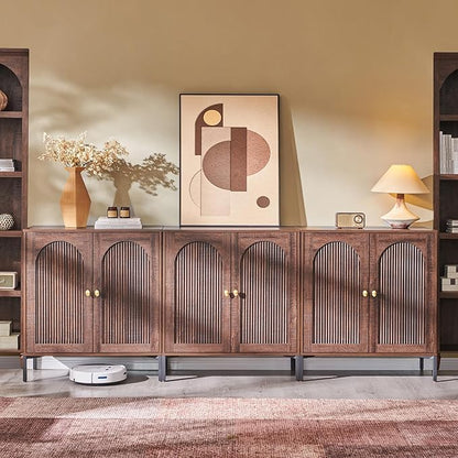 Modern Buffet Cabinet with Storage, 92.63" W Fluted Arched Sideboard Cabinet w/Adjustable Shelves, Wooden Modular Coffee Bar for Dining Room, Kitchen, Living Room, Entryway, Brown