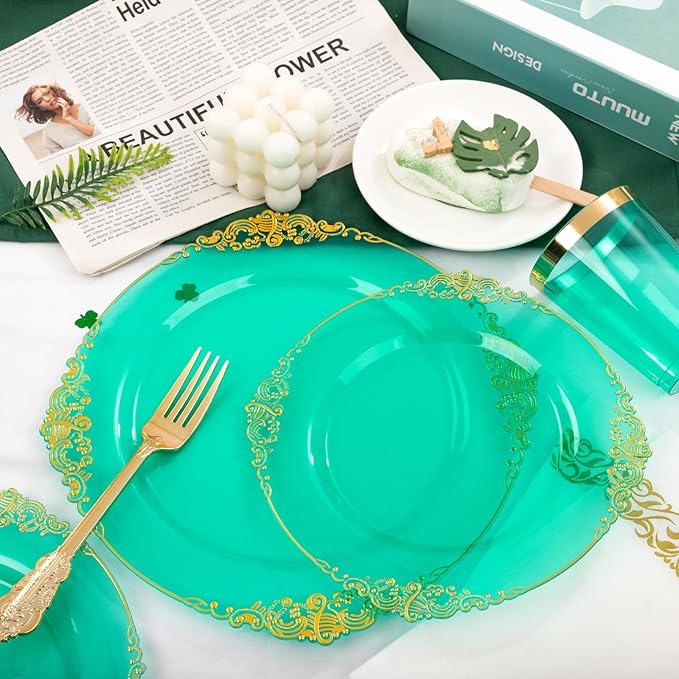 Hioasis 350pcs Clear Green Plastic Plates - Elegant Disposable Dinnerware Set Suitable for 50 Guests Include 10.25" Dinner & 7.5" Dessert Plates, Cutlery, Napkins, Cups for Party & Christmas