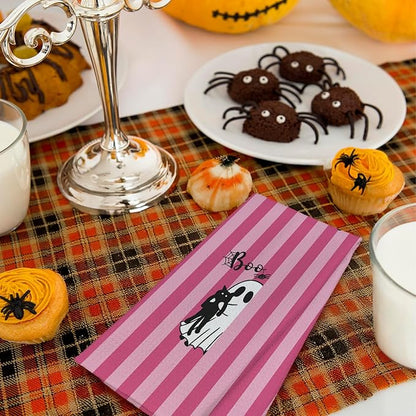 Black Cat Halloween Kitchen Towels, Cat Lover Mom Lady Gifts Dish Tea Towels for Kitchen Decor, Pink Striped Halloween Ghost Decorative Hand Towel for Bathroom, 16x24 Inches