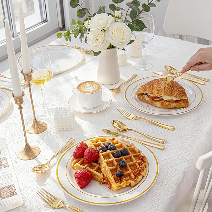 WDF 160 Piece Gold Plastic Silverware - Heavy Duty Gold Silverware Includes 80 Forks, 40 Spoons, 40 Knives, Plastic Utensils Perfect for Wedding, Thanksgiving Party
