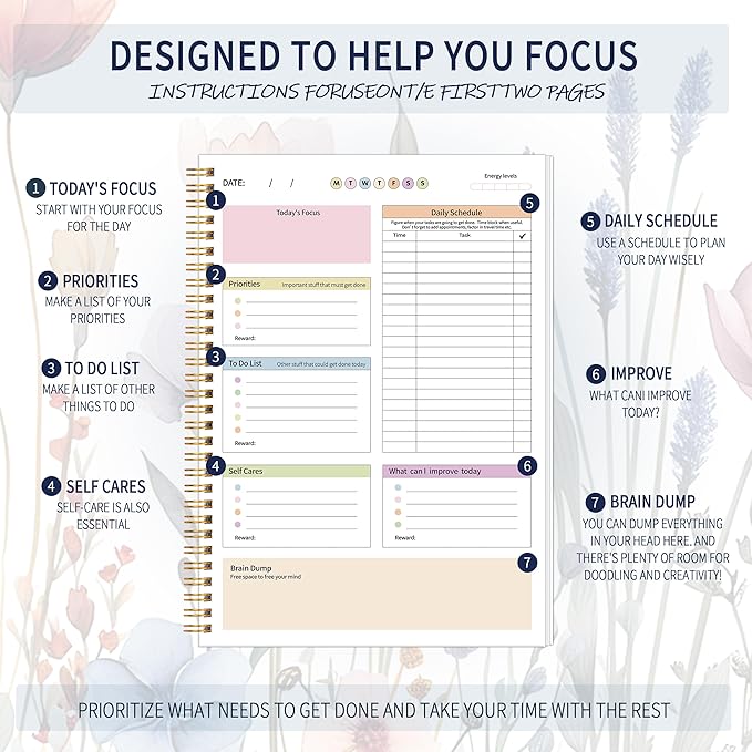 ADHD Daily Planner - Productivity Planner & Undated Task Management Organizer for Neurodivergent Adults, Focused Planners for Men & Women - B5 Blue Flowers