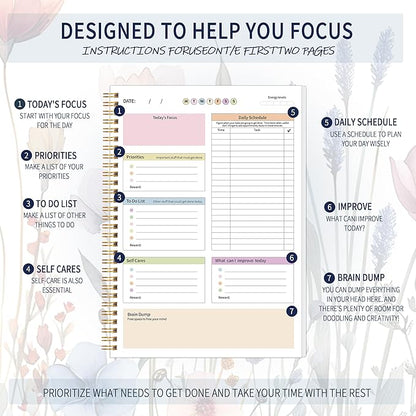 ADHD Daily Planner - Productivity Planner & Undated Task Management Organizer for Neurodivergent Adults, Focused Planners for Men & Women - B5 Blue Flowers