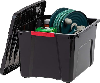 IRIS USA 40 Qt Stackable Plastic Storage Bins with Lids, 4 Pack - BPA-Free, Made in USA - Garage Organizing Solution, Latches, Durable Nestable Containers, Secure Pull Handle - Black