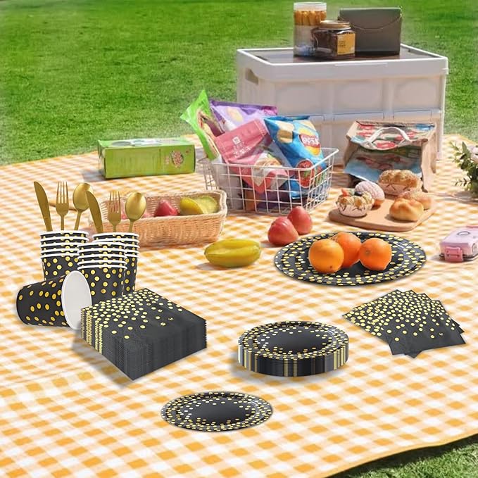 175pcs Disposable Black and Gold Paper Plates and Napkins, Golden Dot Paper Plates Napkins Dinnerware Set Serves 25 Guests for Birthday,baby shower,Party