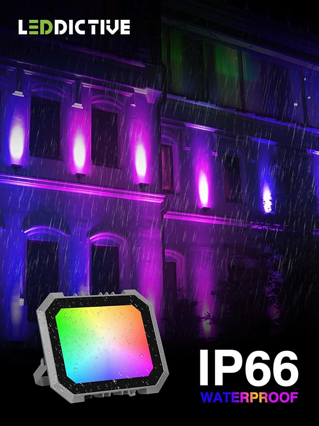 2 Pack RGB LED Flood Light 50W, 500W Equivalent 5000 LM Outdoor Landscape Flood Lights with 2 Remote, IP66 Waterproof Outdoor Light for Christmas Party Stage Uplight Wall Wash