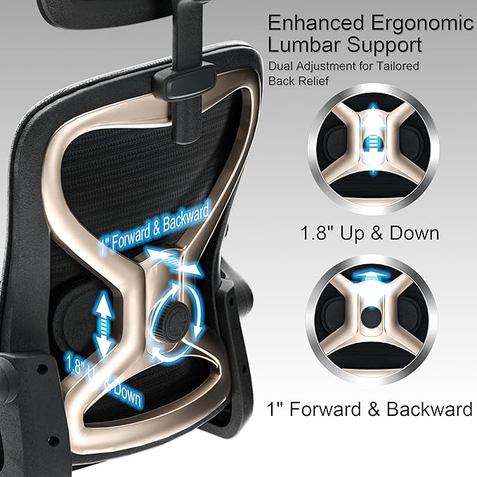 Ergonomic Office Chair, Mesh Desk Chair with Headrest, Lumbar Support, Thick Seat Cushion, Flip-up Arms, High Back Computer Task Chairs for Home Office, Black/Gold