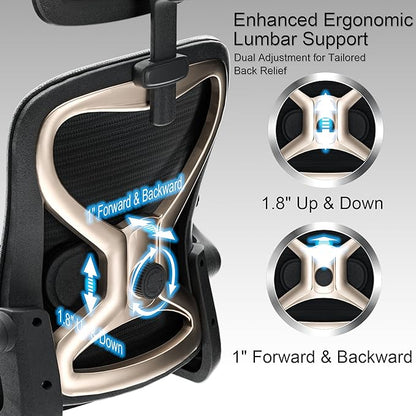 Ergonomic Office Chair, Mesh Desk Chair with Headrest, Lumbar Support, Thick Seat Cushion, Flip-up Arms, High Back Computer Task Chairs for Home Office, Black/Gold
