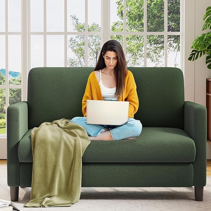 Loveseat Sofa, 51" Love Seat, Comfy Teddy Small Loveseat for Small Spaces, Tool-Free Setup Couch for Bedroom, All-Wood Couches for Living Room, No Pillow Included, Green