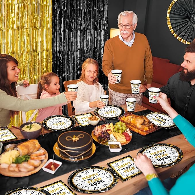 New Years Eve Party Supplies 2026-96 PCS Happy New Years Plates and Napkins Set-Nye Party Supplies Includes Happy New Year Plates Napkins Cups Nye Table Decorations 2026