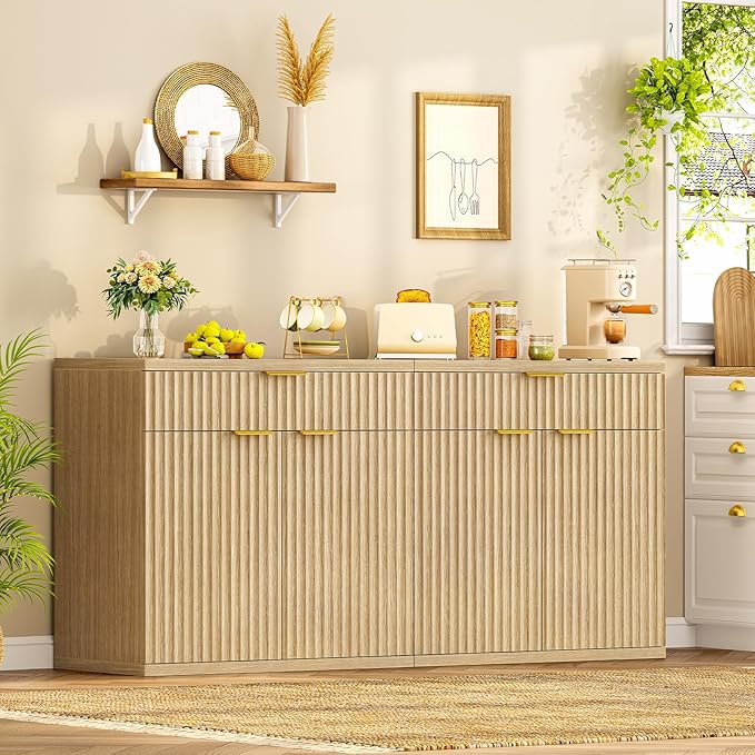 TEENFON Fluted Buffet Cabinet with Storage, 31.5" Sideboard Cabinet, Coffee Bar Cabinet with 2 Doors and Adjustable Shelf for Living Room, Kitchen, Entryway, Natural