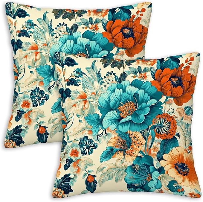 Floral Throw Pillow Covers 18x18 Set of 2, Flower Pillowcase for Couch, Sofa, Living and Bed Room, Vintage Home Decoration with Zipper Closure