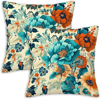 Floral Throw Pillow Covers 18x18 Set of 2, Flower Pillowcase for Couch, Sofa, Living and Bed Room, Vintage Home Decoration with Zipper Closure