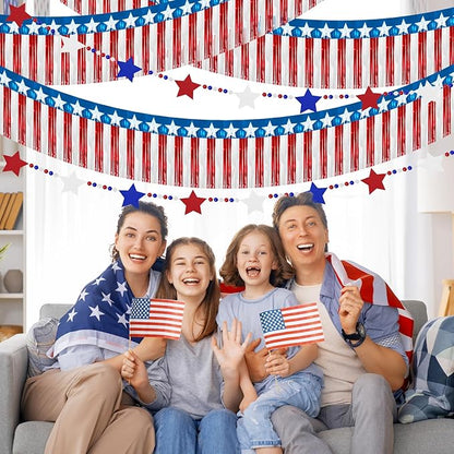 4th of July Decorations 2 Packs 39FT Patriotic Foil Fringe Garland,1 Pack 4.2FT Wooden Bead Garland, Red White Blue Patriotic Metallic Tinsel American Flag Banner of Halloween Party Independence Day
