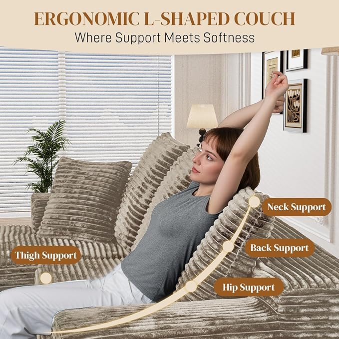 108" L Shaped Boneless Sectional Couches for Living Room, Comfy Corduroy Floor Cloud Sofa with Chaise, Wide Armrest, Deep Seat, Memory Foam, Assembly Free, Ideal for Small Spaces, Brown